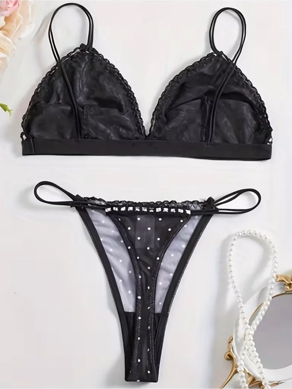 Black & White, Polka Dotted, Lingerie Set